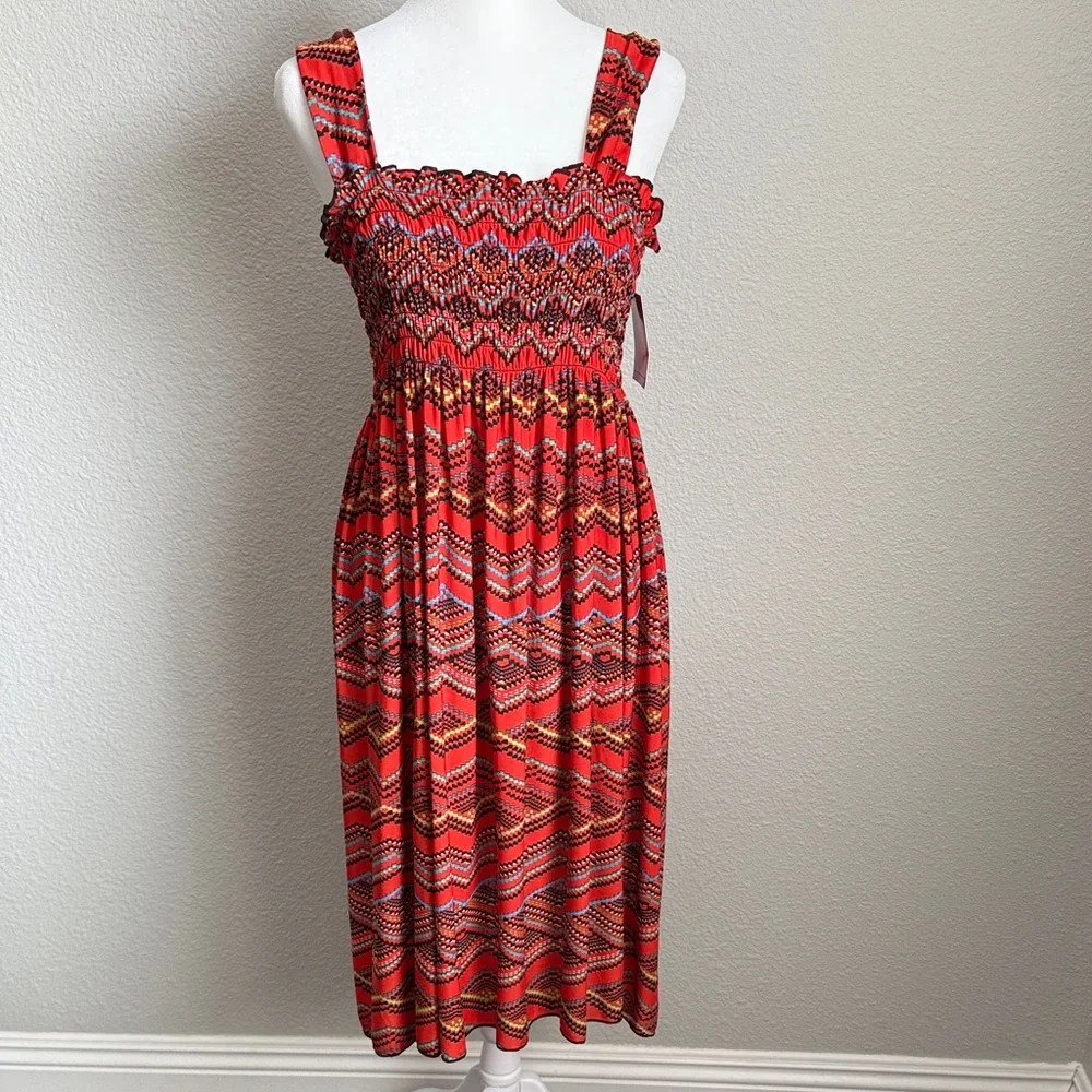 Vibrant Red Patterned Midi Sun Dress - Picture 1 of 11